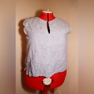 Chambray V-Neck Scallop Sleeve Blouse
